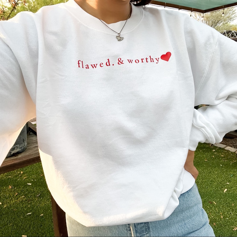 NEW FLAWED AND WORTHY GRAPHIC PULLOVER SWEATER